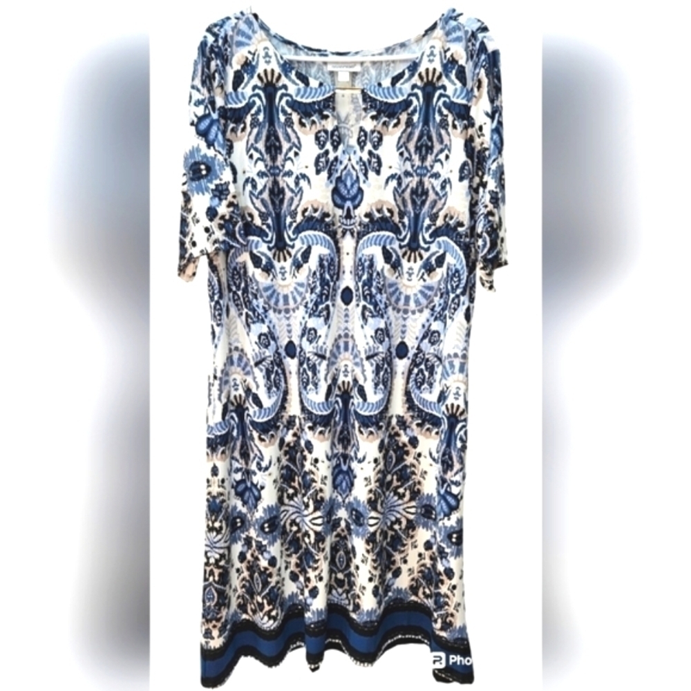 AVENUE DRESS SZ 22/24 BLUE WHITE BEIGE